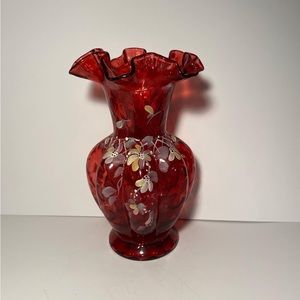 Vintage Fenton cranberry glass hand painted vase